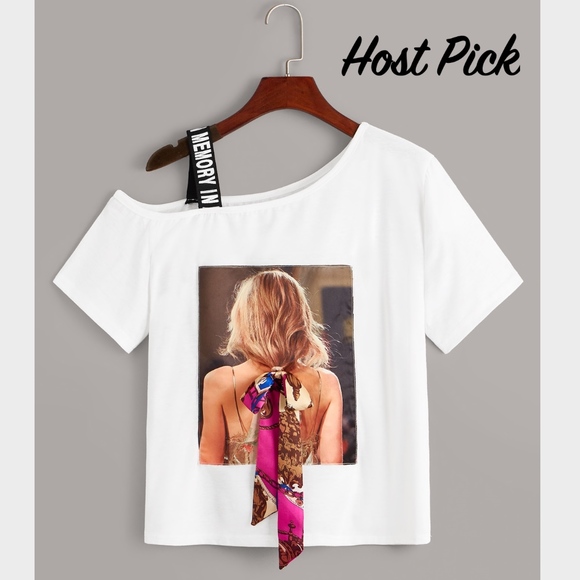 One Shoulder Hair Tie on Printed Tee Shirt - Picture 1 of 6
